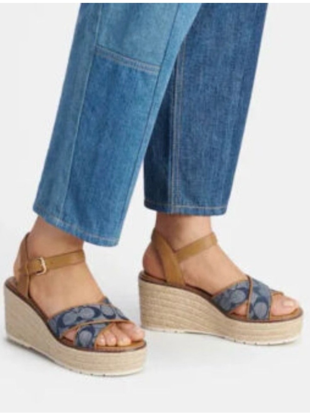 COACH Kimberly Signature Blue Espadrille Wedge Sandals W/ Tan Leather Straps NIB
